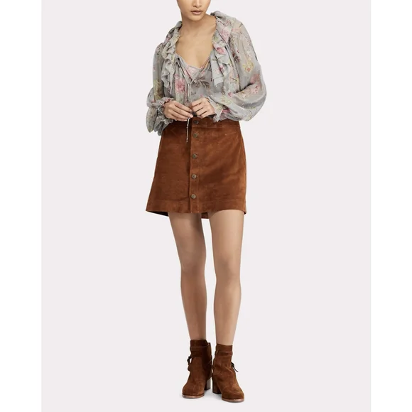 NWT Polo Ralph Lauren Buttoned Suede Mini skirt Brown Suede - Size 2 (XS)